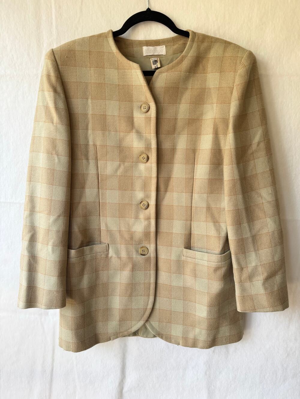La Troupe Vintage Tan Beige Plaid Pure Wool Blazer Jacket EU 46